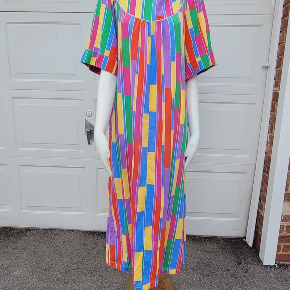 Rainbow Stripe 1970s Handmade House Dress Caftan Muu-Muu Full Length - Picture 9 of 12
